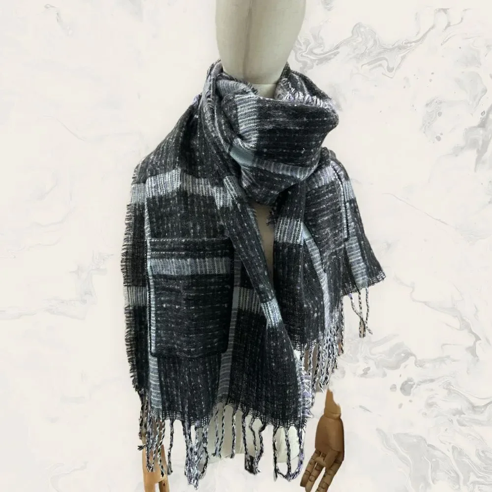 NWT BP Bundle of Cozy Fringe Pocket Blanket Scarf and Black Beanie- Gray/ Black